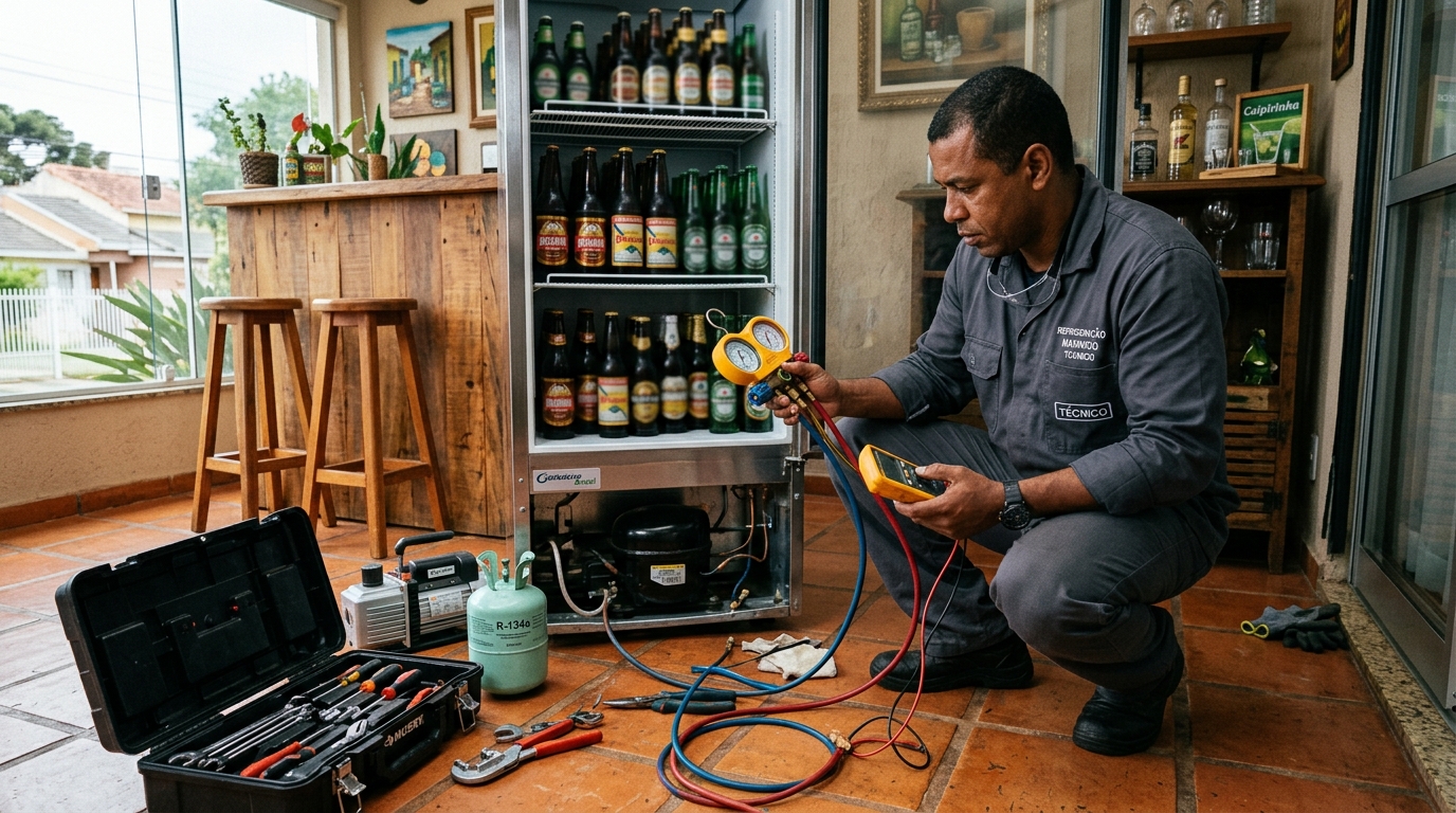 Profissional executando reparo no motor de cervejeira em Florianópolis‑SC
