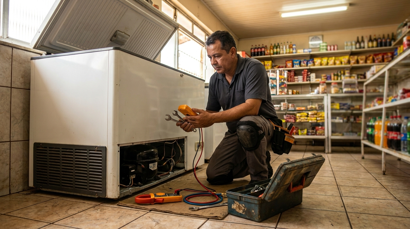 Profissional executando manutenção no motor de freezer em Florianópolis‑SC