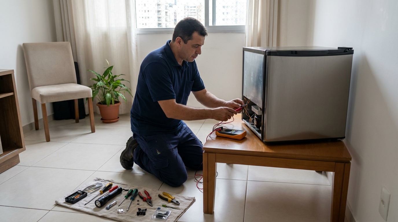 Técnico fazendo manutenção do motor de frigobar em Florianópolis‑SC